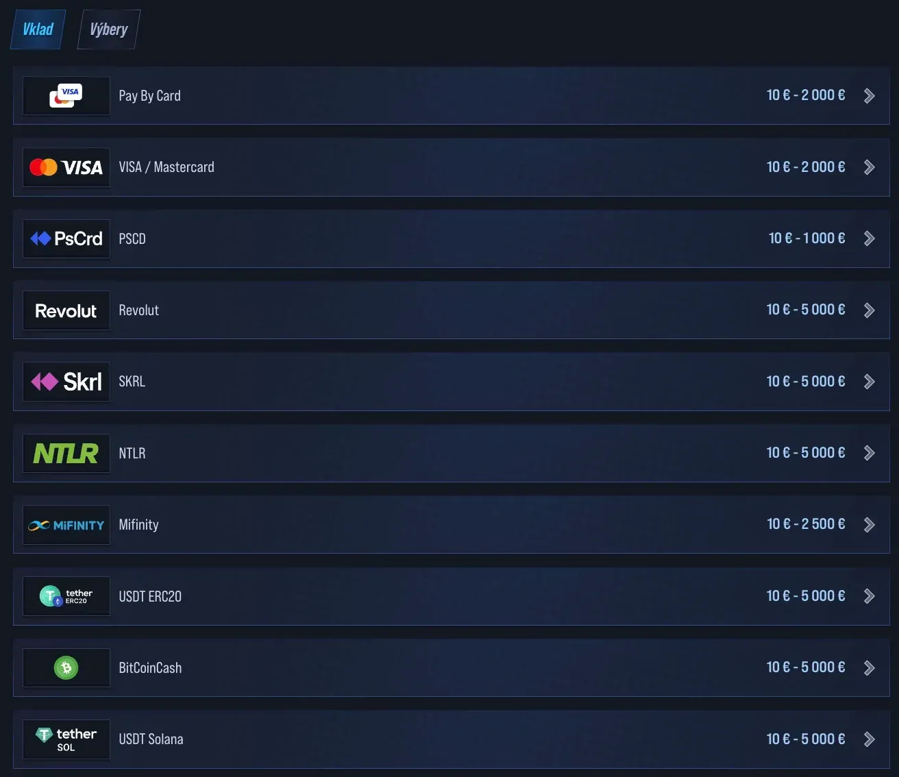 Metódy vkladu v casino VegasHero