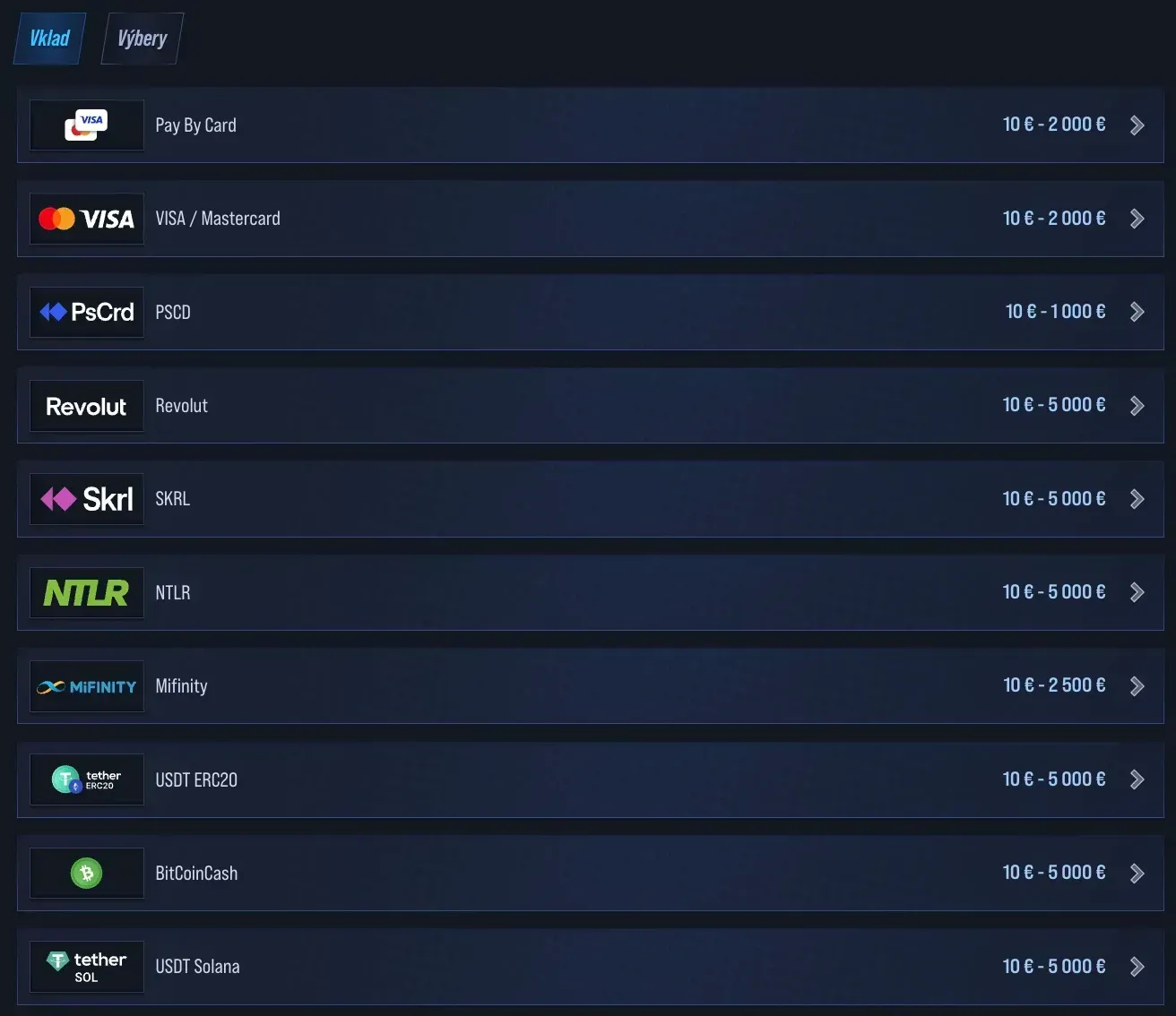 Metódy vkladu v casino VegasHero