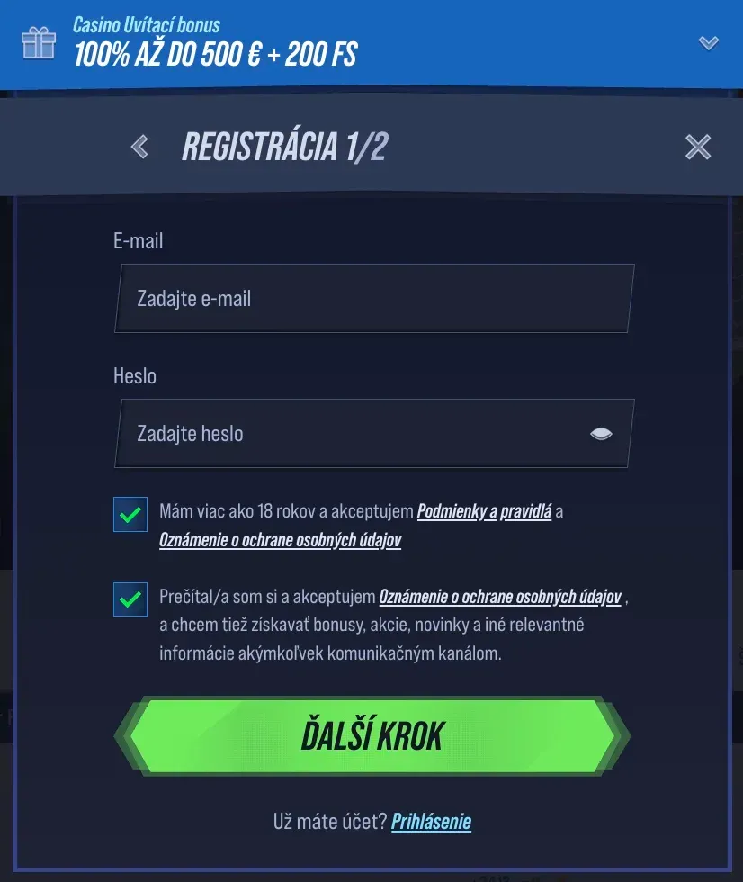 Registračný formulár v VegasHero casino