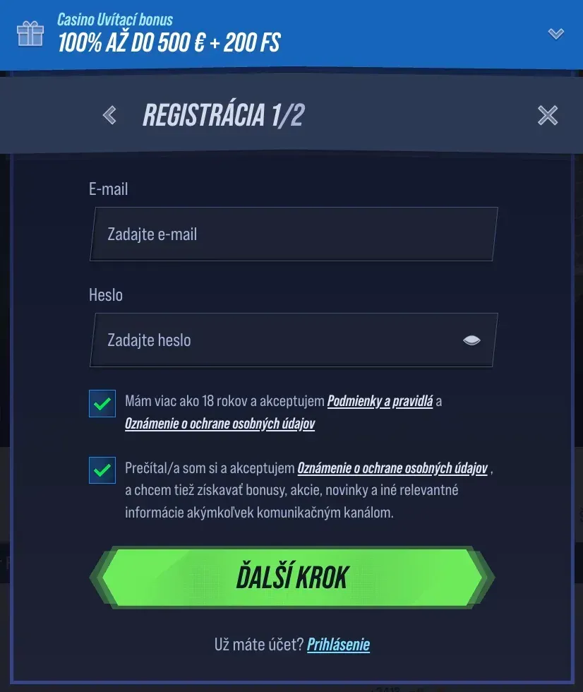 Registračný formulár v VegasHero casino